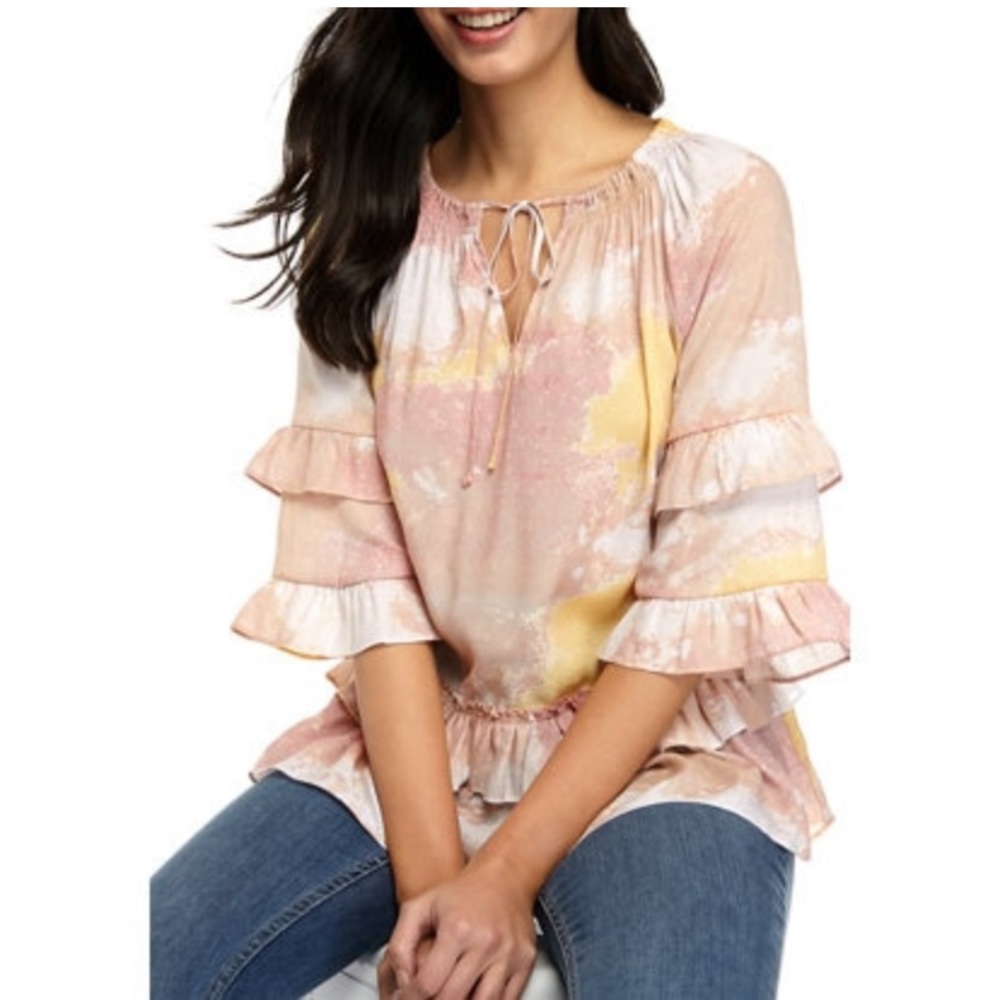 1 LEFT!! NEW trendy tie dye tiered ruffle blouse - Picture 4 of 9